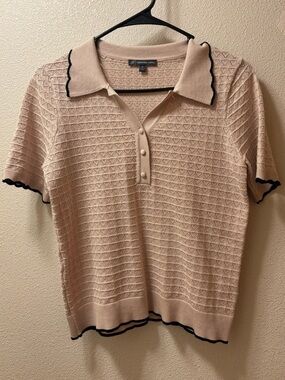 Adrianna Papell Tan Knit Polo with Black Trim